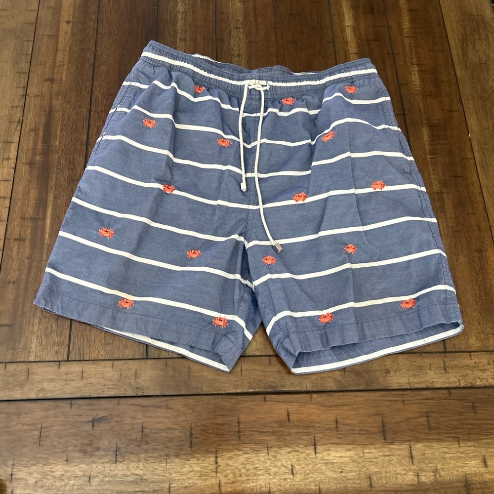 J McLaughlin Swim Trunks Men’s Large Blue Striped Crab Embroidered Lined Shorts